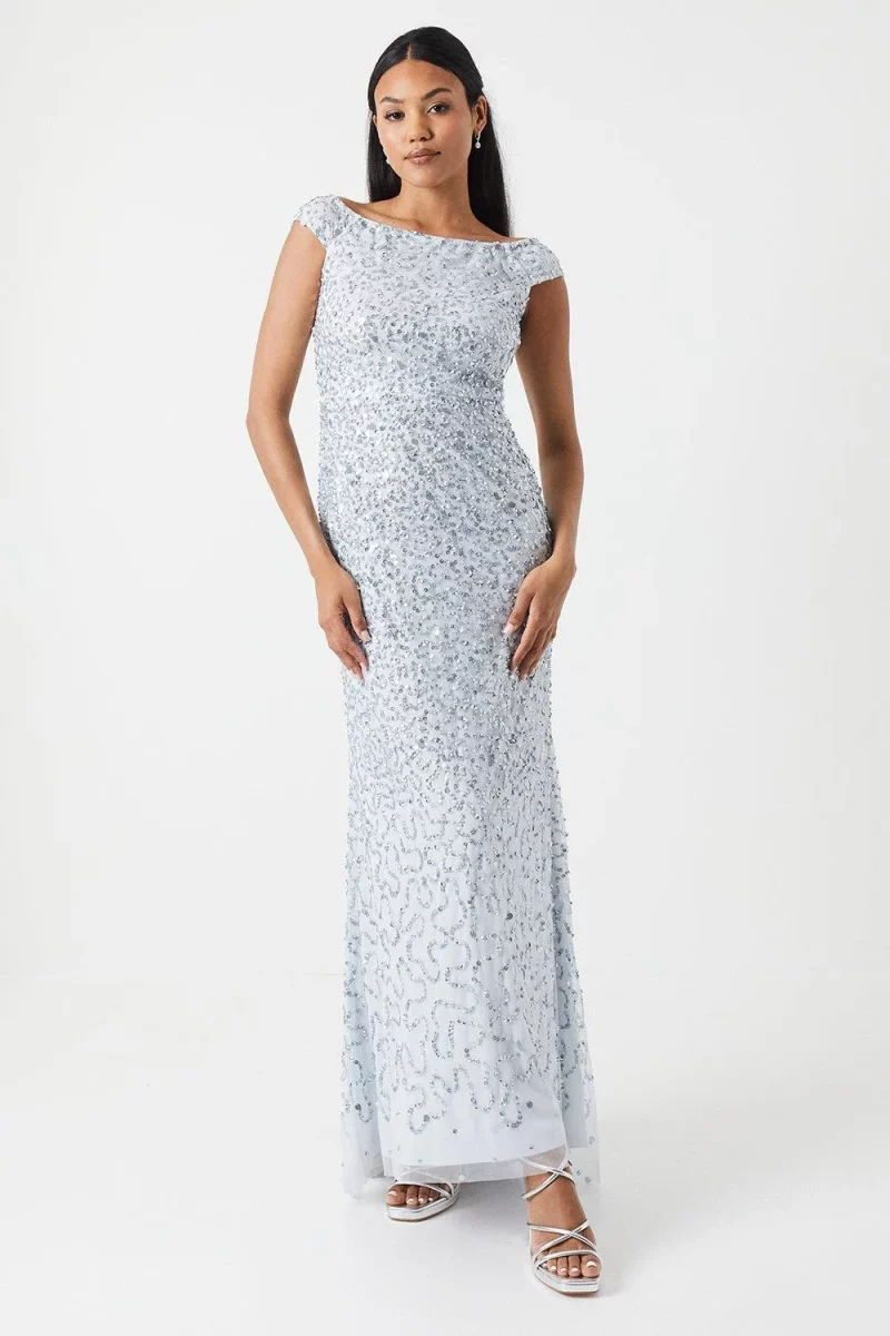 Bardot Sequin Mesh Bridesmaid Maxi Dress